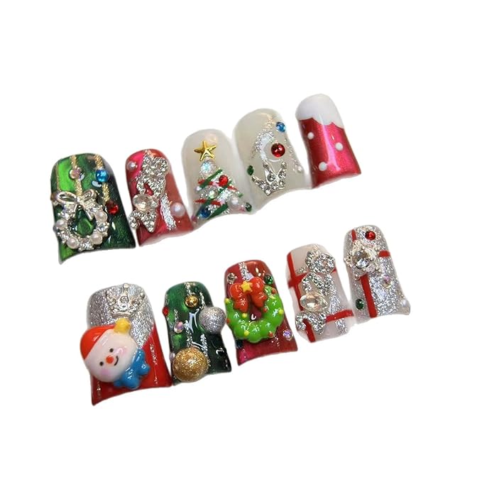 Christmas Press on Nails Handmade Medium Luxury Nails Press Ons Glitter Glossy Full Cover Fake Nails with Cute Xmas Tree Reindeer Designs Reusable Acrylic Glue on Nail for Women 10Pcs (Size M)
