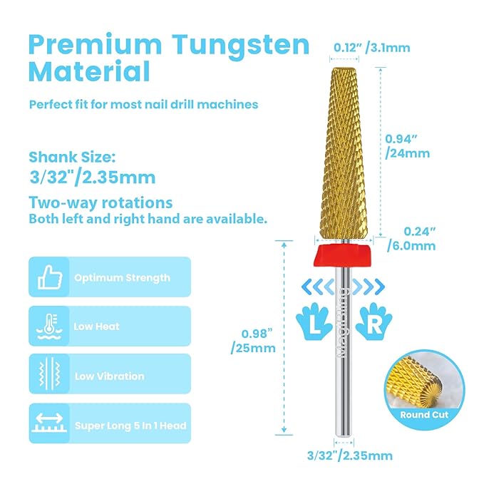 24mm Super Long 5-in-1 Tapered Barrel Nail Drill Bit, 3/32'' Tungsten Carbide E-File Bit for Fast Gel Removal & Long Nail Shaping, Two-Way Rotation Safety Bit for Acrylic Extensions, Fine