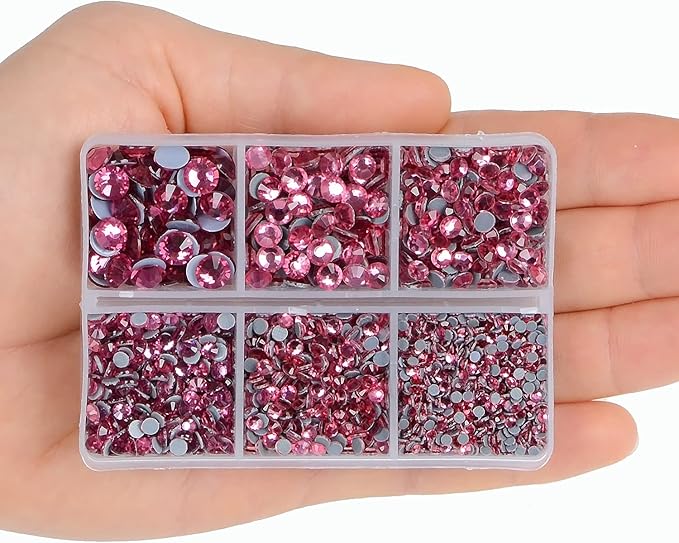 4000Pcs Mixed Size Hot Fix Round Crystals Gems Glass Stones Hotfix Flat Back Rhinestones (Fuchsia)