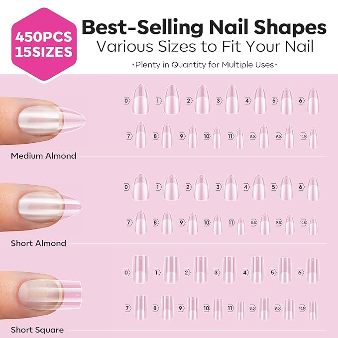 Modelones Medium & Short Almond & Short Square nail tips - Multi-type 3 Styles Set Gel Tips Half Matte Full Cover Clear Acrylic Gel Kit Fake Nails for Extension DIY Salon 450Pcs 15Sizes