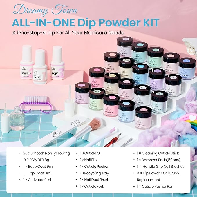Beetles Dip Powder Nail Starter Kit 20 Colors Pastel Nude Blue Pink Glitter 36pcs Dipping Powder Set for Nail Art with Base Top Coat DIY Salon Complete Accessories Dreamy Town Collection
