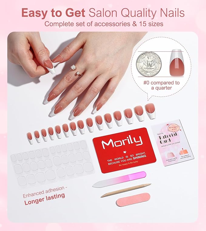 Morily Pink White French Tip Press on Nails - 30Pcs Thicker Fake Nails with Design, Full Cover Long Coffin False Nails Reusable Acrylic Stick on Nails in 15 Sizes, Include Glass File