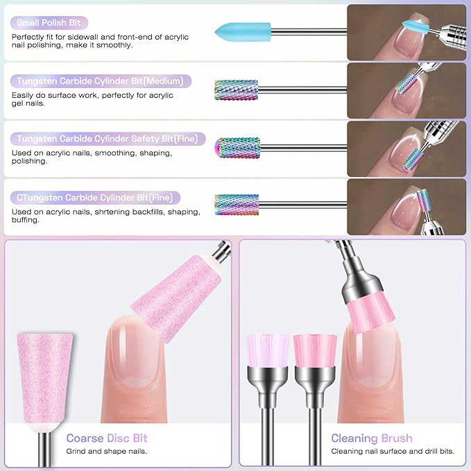 30PCS Nail Drill Bits Set with Holder Case, 3/32 Inch Professional Efile Cuticle Nail Bits for Nail Drill, Ceramic Diamond Carbide Drill Bits for Acrylic Gel Removal Polish Nail Tech