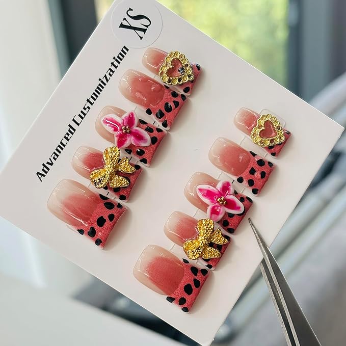 10pcs Handmade Press on Nails for Women - Medium Duck Curve 3D Thick Acrylic Fake Nails Reusable,Designer Floral Butterfly Rhinestones Bling Boho Funky Y2k Nail-art Set,XS,pink leopard