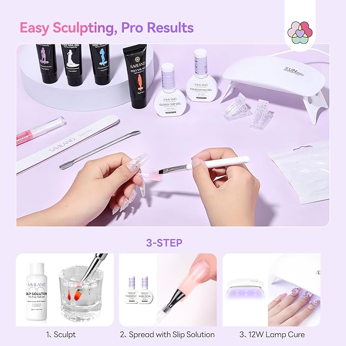 SAVILAND Hema-Free Poly Gel Nail Kit Starter: 15 Poly Gel Nail Colors for 28 Day Long-Lasting, All-in-1 Poly Nail Gel Kit with Slip Solution U V Lamp, Suitable for Trendy Nail Art Home Salon Daily DIY