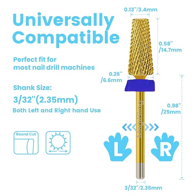 6.6mm Large Tapered Barrel 5-in-1 Nail Drill Bit, 3/32" Cross Cut Safety Tungsten Carbide Efile Bit for Fast Gel & Acrylic Removal, Two-Way Rotation, Nail Tech & Beginner Bit, Titanium, Medium