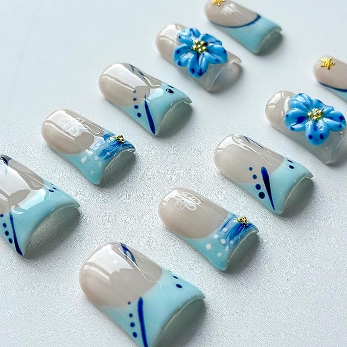 Luxury Press on Nails Short Duck Handmade 3D Unique Reusable ABS Material Fake Nails Blue French Tip False Nails with Designs Rhinestones Starfish Summer Glossy Glue on Nail Thick Acrylic Nail(M)