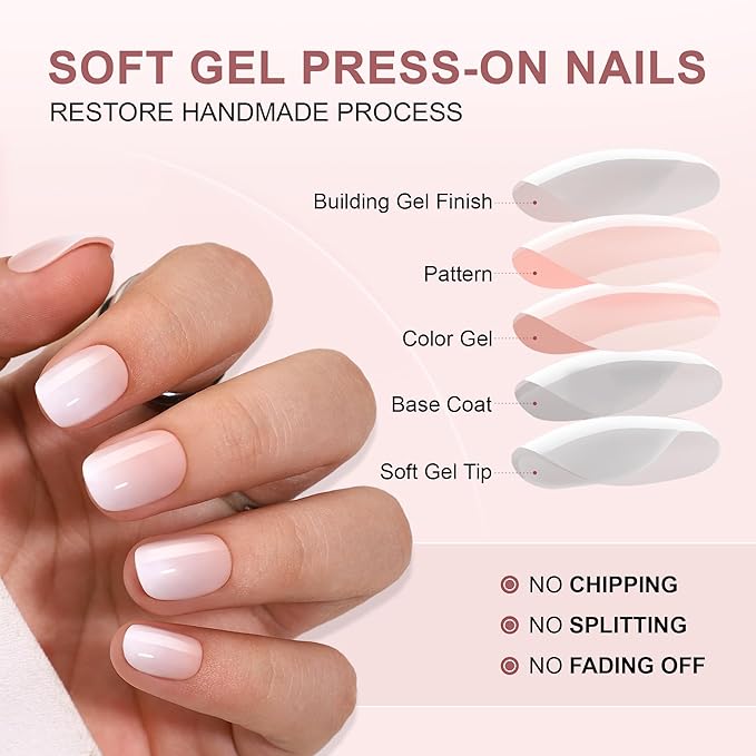Gel Press On Nails - White Ombre Square Short Fake Nails With Glue, 16 Sizes, 32Pcs Reusable Soft Gel False Tips Kit