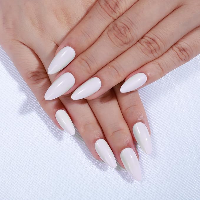 Rnker Press On Nails - Transparent Color, Almond White Top gel Nails with Bright Finish, 15 Sizes - 30 Nail Kit with Glue