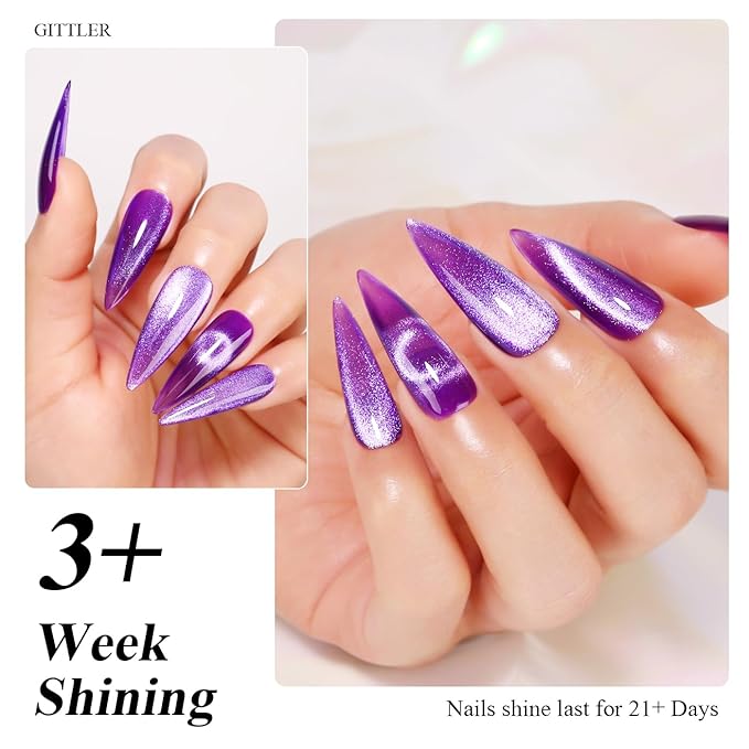 Imtiti Cat Eye Gel Nail Polish, 15ML Purple Holographic Glitter, Magnet UV LED Magnetic Gel Nail Polish Crystal Galaxy Sparkly Home DIY Manicure Nail Salon Kit