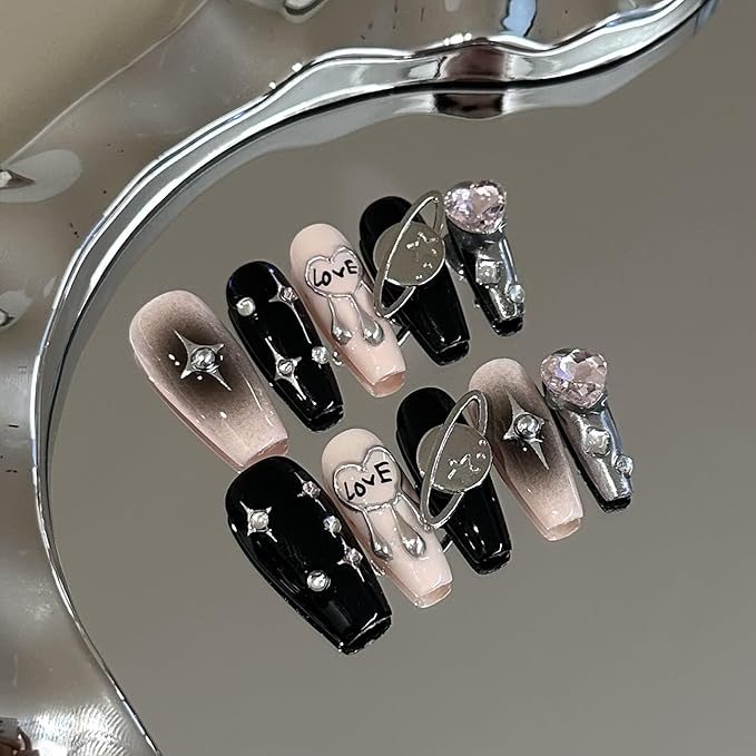 Long Ballerina Press-On Nails, Pink and Black with Silver Stars, Planet and Diamond Designs, 10 Pieces (XS, LS)