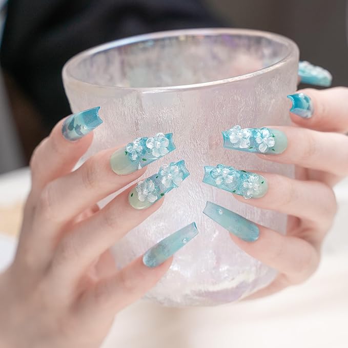 Sun&Beam Nails Handmade Press-on Medium Long Coffin Ballerina Blue 3D Flower Minimalist Design Fashion False Nail Tips 10 Pcs Set (#245 L)