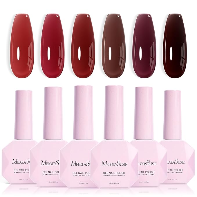 MelodySusie Jelly Gel Nail Polish Set,6 Transparent Colors,Milky or Jelly Texture,Deep Red Colors Soak Off UV LED Light Cure or Salon Manicure and Nail Art DIY at Home 15ML 0.3Fl Oz