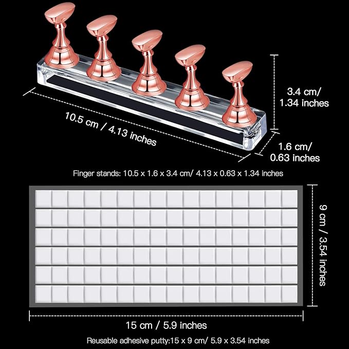 Blulu 2 Set Nail Stand for Painting Press Nail Holder Acrylic Magnetic Tips Training Fingernail Display Stands DIY Crystal Holders and 96 Pieces White Reusable Adhesive Putty(Metal Rose Gold)