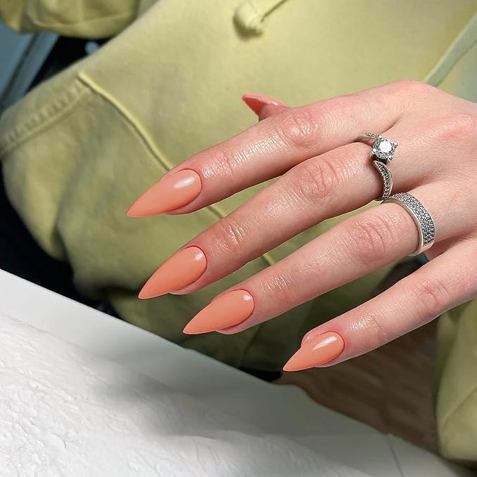 Coral Press on Nails Almond Shaped Medium Almond Nails Press on Neutral Acrylic Nails Reusable Fake Nails for Women Girls, Glue on Nails Medium Length Stiletto False Nails Gel Artificial Nails