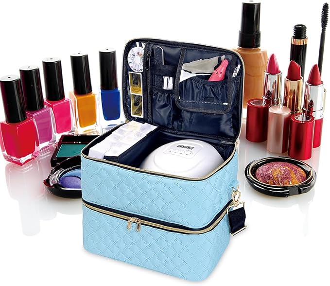 Nail Polish Organizer Case Holds 40 Bottles(15ml/0.5fl.oz) and Nail Lamp, Double Layer Nail Polish Storage with Adjustable Dividers,Portable Carrying Bag for Nail Kit, Manicure Tools Sky Blue