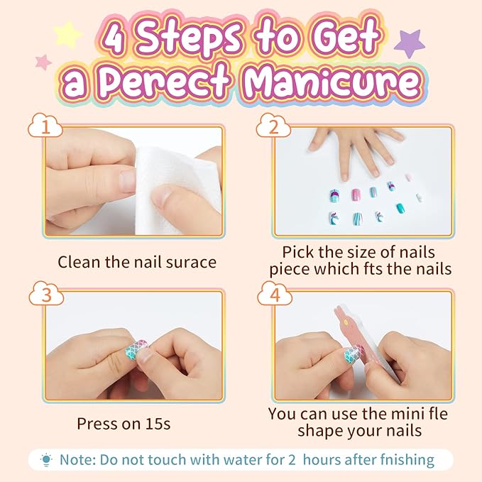 Modelones Press on Nails for Kids 144Pcs 6 Pack Children Acrylic Fake Nails Pre-glue Full Cover Glitter Color Mermaid Beach Short False Nail Art Kits Sets Thanksgiving Christmas Gifts for Girls