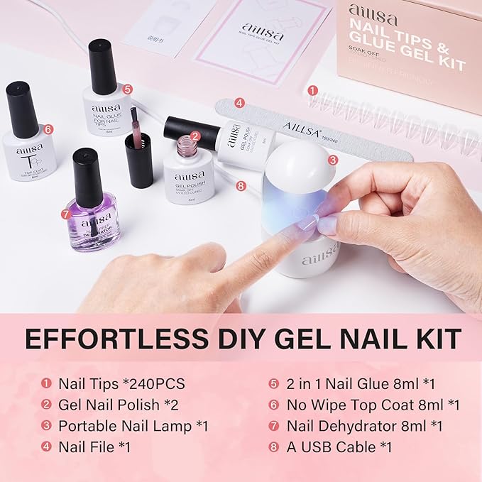 AILLSA Gel Nail Tips Kit Short Square Nail Tips 240pcs with 2 In 1 Nail Glue Base Coat and Nail Dehydrator, Nail Extension Kit with Nail Lamp Top Coat for Starters Home Salon