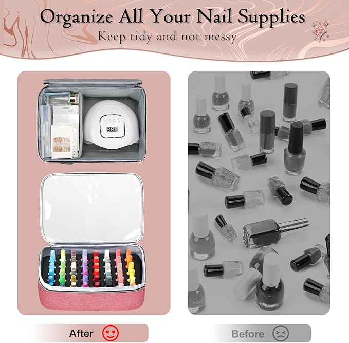 YOREPEK Nail Polish Organizer Case With Foam Inserts Protect Up 96 to 100+ Bottles (15ml/0.5 fl.oz) UV lamp, Travel Nail Tech Carrying Case with Adjustable Space for Gel Dip Powder Tips Set, Pink
