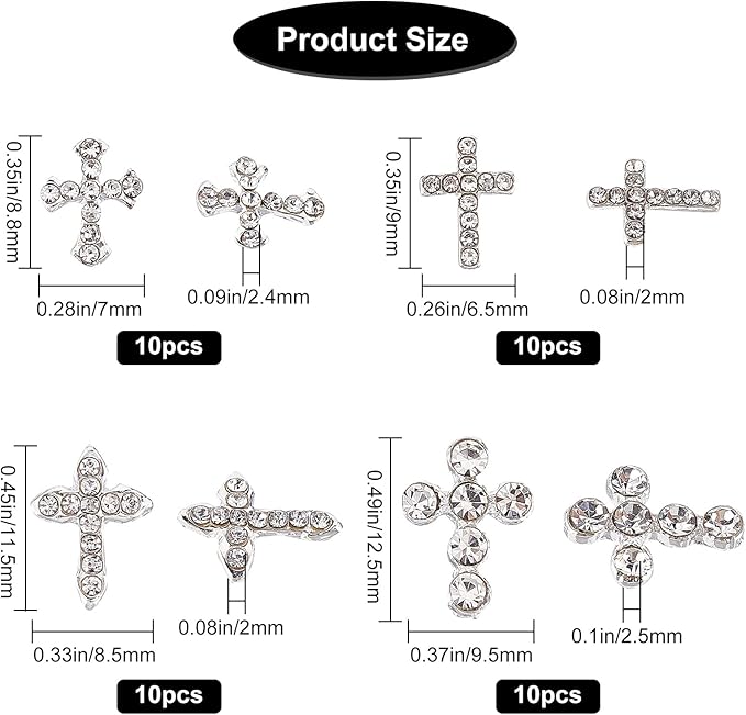 CRASPIRE 40pcs Cross Nail Charms 4 Style Silver Rhinestone Cross Nail Studs Charms 3D Luxury Flat-Back Diamond Crystal Rhinestones Gems Metal Alloy for DIY Nail Art Jewelry Decoration