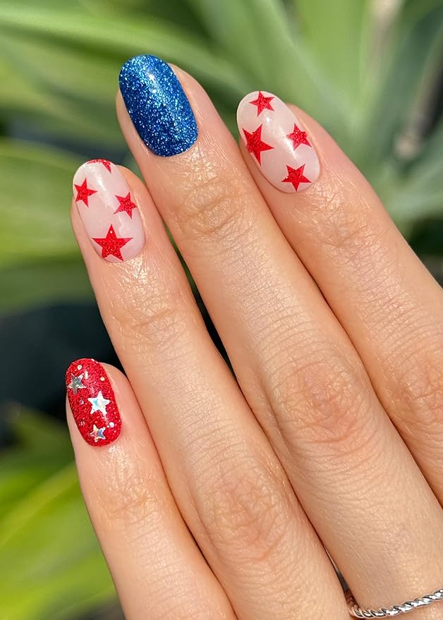 ohora Semi Cured Gel Nail Strips (N Liberated Stars) - Works with Any Nail Lamps, Salon-Quality, Long Lasting, Easy to Apply & Remove - Includes 2 Prep Pads, Nail File & Wooden Stick