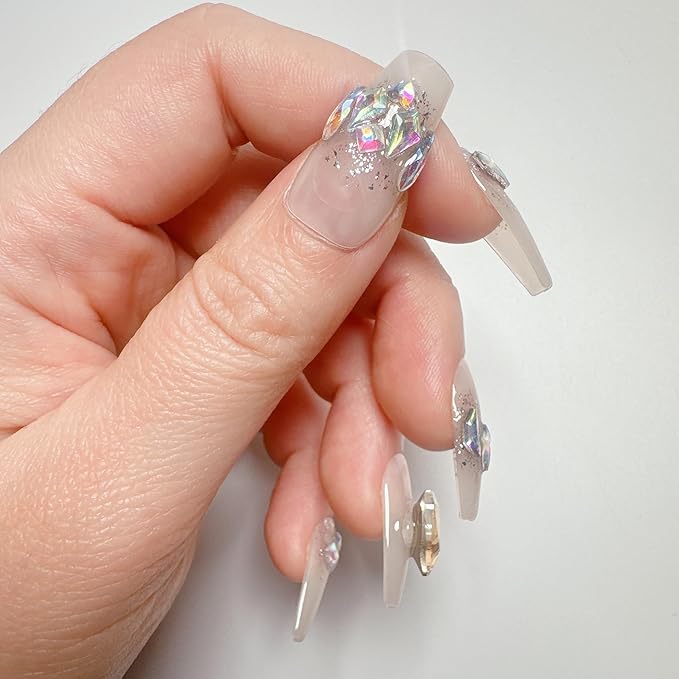 Acrylic Handmade Press On Nails long,3D White Gel Coquette Thick Strong Glue On Nails,Rhinestone Heart Designs Coffin Fake Nails Kit Reusable,10 Nails Size S,#457
