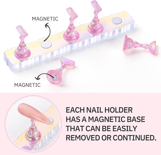 ETERCYCLE 2 Set Nail Holder for Display Painting Nails - Aurora Acrylic Magnetic Practice Nail Stand Set - Fake Nail Holder for Press On Nails with Reusable Adhesive Putty (Pink)