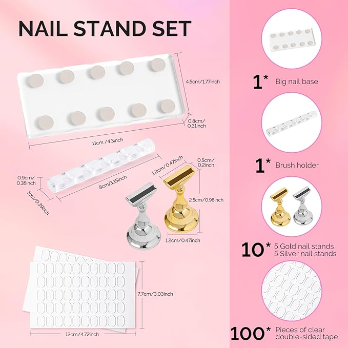 MelodySusie Nail Stand for Press Ons, Big Transparent Acrylic Magnetic Base for Practice Painting Display with Brush Holder and 100 Pcs Reusable Double-Sided Tape for Home DIY Salon Supplies