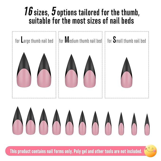NOVO OVO Black French Tip Long XL Sharp Stiletto Nail Tips Press on BERRY PINK, Soft Gel Double Matte Fake Nail Extension, Full Cover False Nails for Acrylic DIY x 16 Sizes 160 pcs