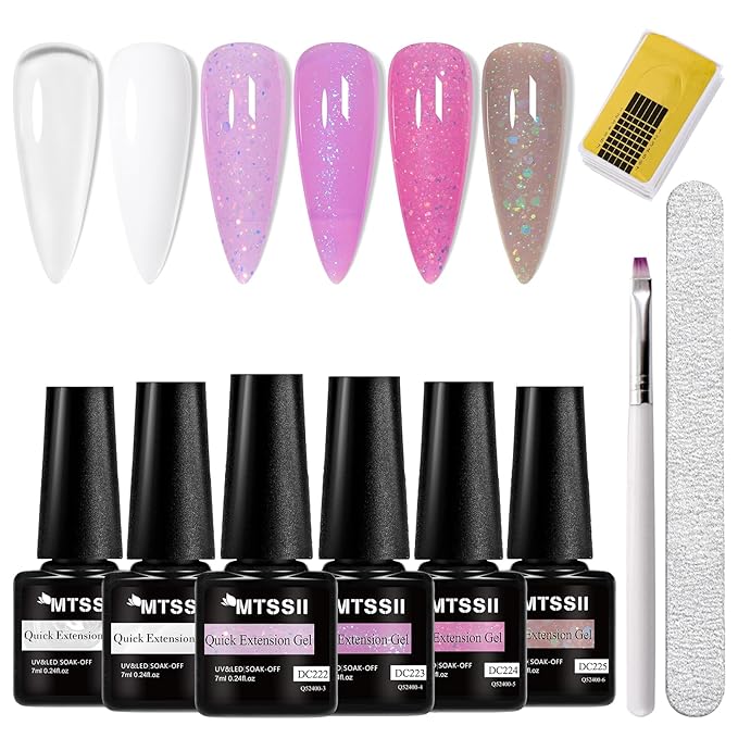 MTSSII Gel Builder Kit: Self-Levelling, Long Lasting Extension Hard Gels for Strengthener, Broken Nails Repair Gel Kit with Paper Forms, Nail File and Brush