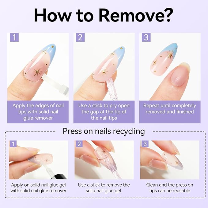 MIZHSE Solid Nail Glue Gel and Glue Remover, Strong Adhesion 18g Solid Gel Glue Kit for Acrylic Fake Nails and Nail Tips 10mL Press on Nails Remover Easy Removal