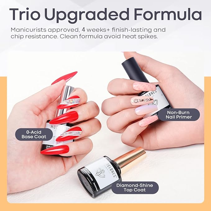 modelones Base Top Coat Gel Polish with Nail Primer, 3 Pcs No Wipe Clear Base and Top Coat Nail Bonder Primer Set for Nails Super Shiny Long Lasting Home DIY Manicure Gift for Women