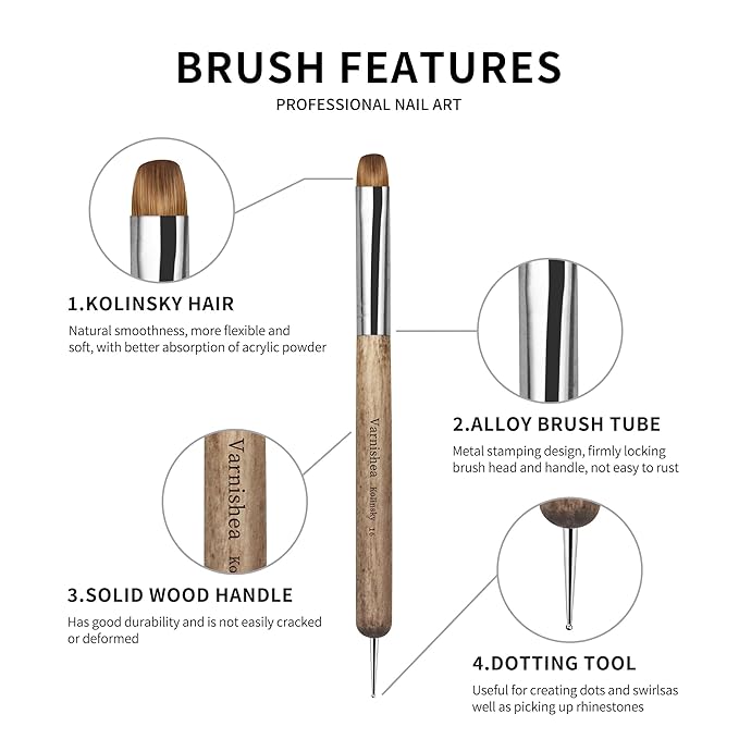 Kolinsky French Tip Nail Art Brush Solid Wood Handle Gel Acrylic Nail Dotting Tool for Manicure Clean Up and Dotting Manicure Tool Professional Nail Brush - Size 6, 1.0 Count