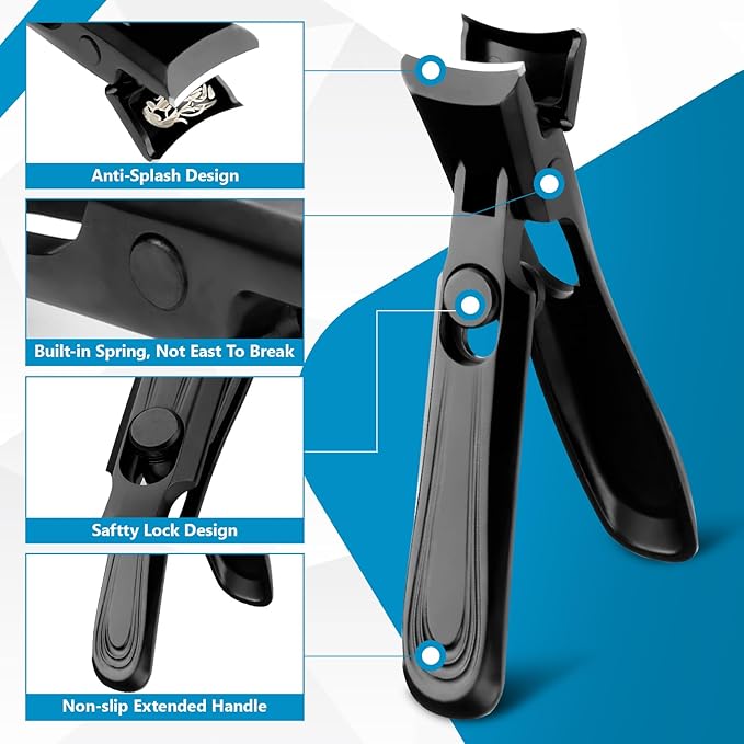 LINFOX German Nail Clippers Adult, Fingernail Clipper Ultra Sharp Sturdy Heavy Duty, Wide Jaw Anti Splash Lock Design, Professional Nail Cutter Premium Stainless Steel for Men, Woman, Seniors Black