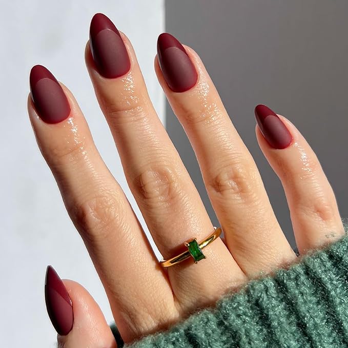 Red French Press on Nails Short Almond - Dark Red Nails with Glossy French Tip in a Matte Finish, Soft Gel Reusable Fall Burgundy Fake Nails Winter Stick on Nails for Women Gift, 32PCS 16 Sizes