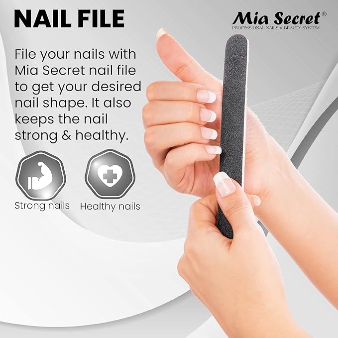 Mia Secret Acrylic Nail Kit: 1/2 oz liquid monomer, 1/2 oz clear acrylic powder, ultra quick nail glue, 1/2 oz ultra gloss top coat, fancy 20 nail tips, 1/2 oz primer, speedy zebra straight nail file 100/100, #8 nail brush and emery block