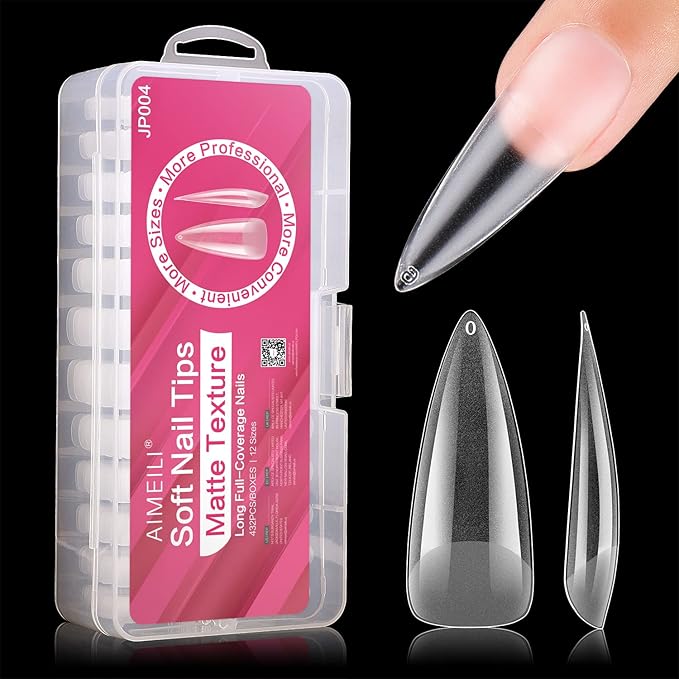 AIMEILI Long Stiletto Gel Nail Tips 432PCS Pre-buff Almond Fake Clear Nails Full Cover, Acrylic False Press on Nails with Box for Nail Art Salon and Home DIY, 10 Sizes