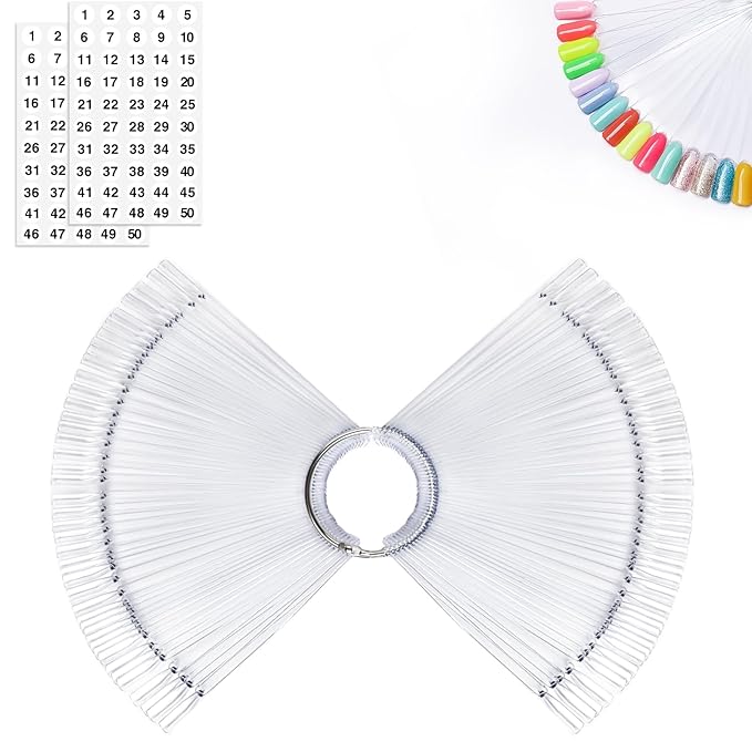 MEFA 100 Pcs Clear Nail Swatch Sticks with Ring and Numbered Tips, False Nail Sample Sticks for Nail Art Polish Color Practice Fan-shaped Display