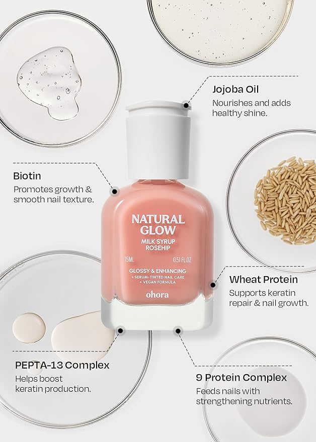 ohora Natural Glow Milk Syrup Nail Strengthener (Rosehip) - Tinted Nail Hardener for Brittle, Damaged Nails, Quick-Dry Glossy Finish, Nail Repair & Growth, 15 mL