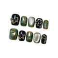 Black to Dark Green Ombre Press on Nails with Hand-Painted Gold 3D Lines - Short Square Glossy Luxury Fake Nails, Reusable Elegant False Nails for Women Fall Winter Season Party, Size XS