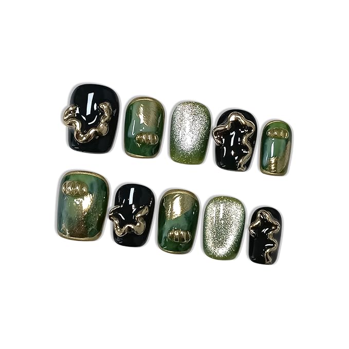 Black to Dark Green Ombre Press on Nails with Hand-Painted Gold 3D Lines - Short Square Glossy Luxury Fake Nails, Reusable Elegant False Nails for Women Fall Winter Season Party, Size L
