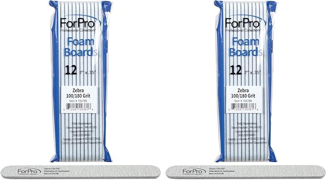 ForPro Nail Foam Boards, Zebra, 100/180 Grit, Double-Sided Manicure and Pedicure Nail Files, 7” L x .75” W, 12-Count (Pack of 2)