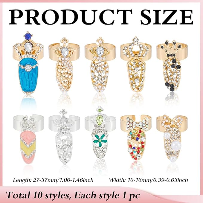 10Pcs Fingernail Rings with Acrylic Rhinestone 10 Styles Alloy Nail Cover Ring Multi-Style Opening Crown Bowknot Fingertip Nail Rings Halloween Christmas Loop Bow Tip Decoration
