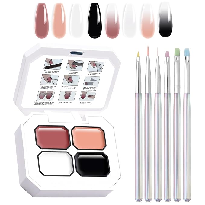 Gradient Painting Gel Set, 4 Colors Ombre Gel Nail Polish with 6 Aurora Multi-Purpose Brushes for Ombre Nails Aura Nails French Manicure Soak Off UV D Essentia