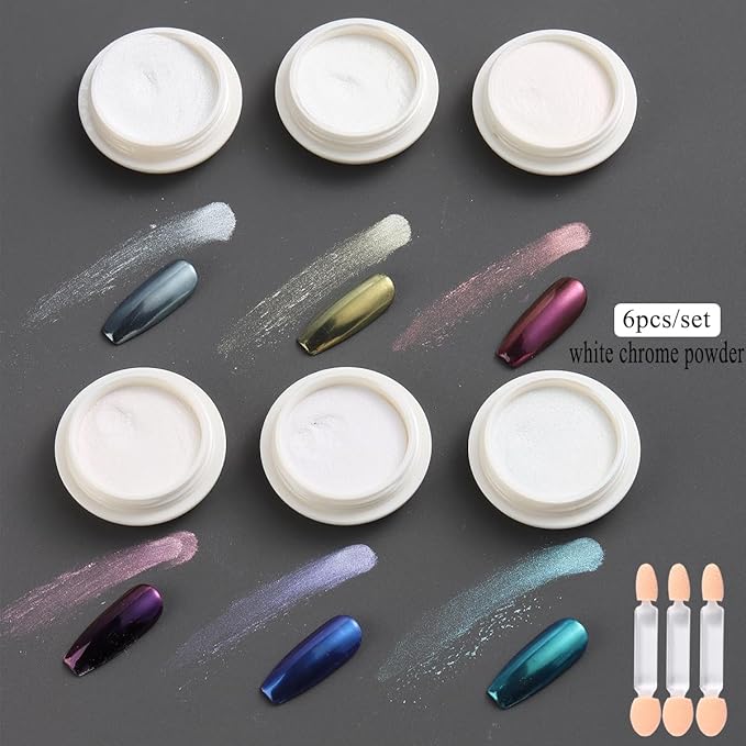 White Chrome Nail Powder - 6 Colors Pearl Chrome for Nails, Mirror Effect Metallic Rubbing Pigment Dust, Glazed Donut Nail Art Pearlescent Glitter Manicure Decor