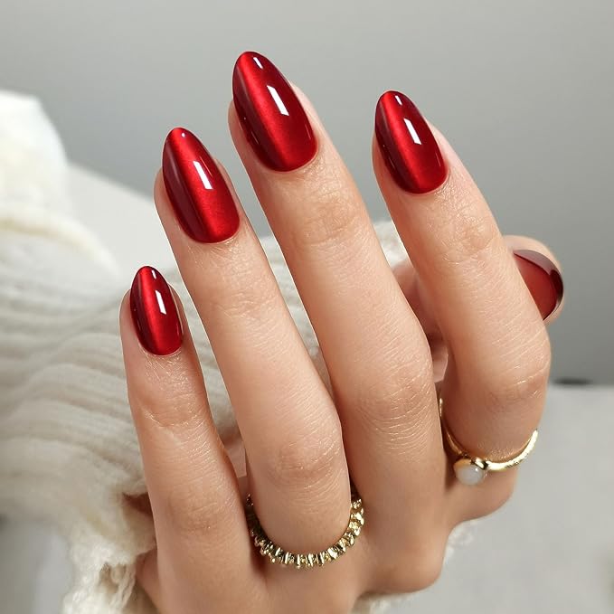 Dark Red Cat Eye Press on Nails Almond - SHANGMENG Soft Gel Valentines Short Press on Nails for Women Gift, Glossy Glue on Nails in 16 Sizes - 32 Reusable Fake Nails Kit with Glue, Wine