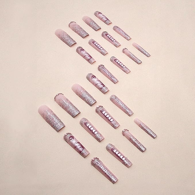 MISUD Press on Nails - Extra Long Square Fake Nails with Dollar Money, Acrylic Bling Glitter Rhinestone Design 24 pcs