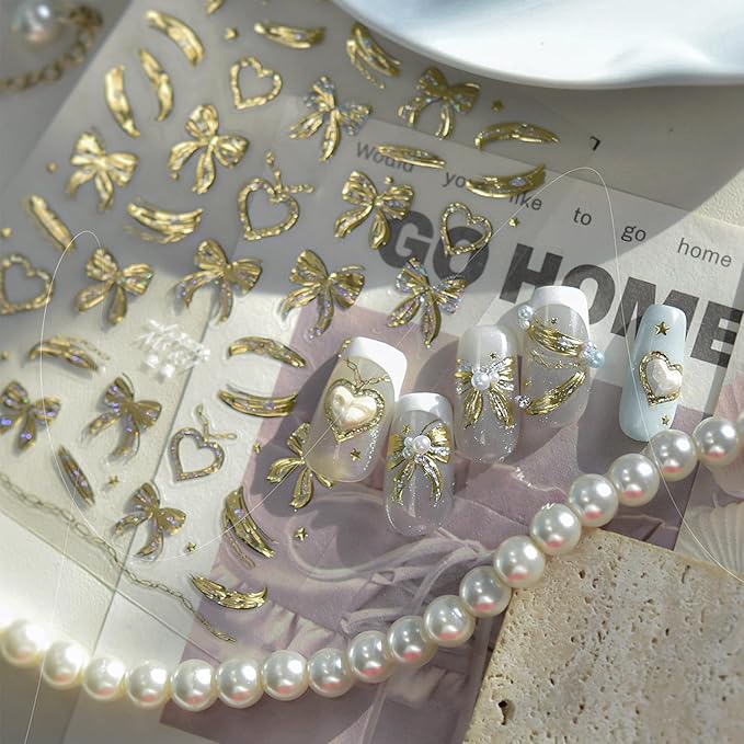 5D Embossed Gold Bow Nail Stickers Self Adhesive Gold Heart Nail Art Stickers Metal with Glitter Love Bow Design Cute Valentines Day Nail Decals Nail Art Supplies for Women Acrylic Manicure Salon Tips