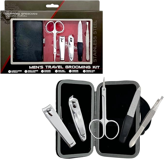 Earth & I 6 Piece Manicure Pedicure Kit, Professional Nail Care and Grooming Tools with Fingernail and Toenail Clippers, Mens Self Care, Travel Mens Toilettries in Hard Leatherette case