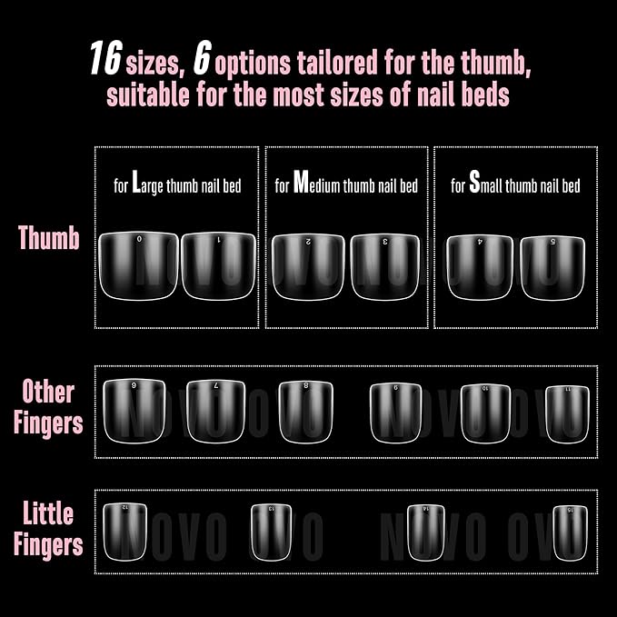 NOVO OVO Extra Short Nail Tips for Men and Women with Wide and Short Nail Beds, Thick Square Round Full Cover False Nails Press on, Soft Gel for Acrylic Fake Nails Extension kit 16 Sizes x 640pcs